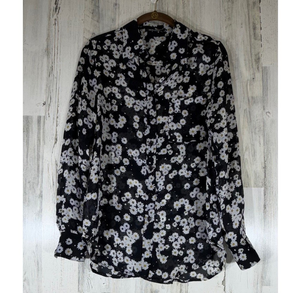 Calvin Rucker Blouse Top Size XS Black Daisy Print 100% Silk Button‎ Down